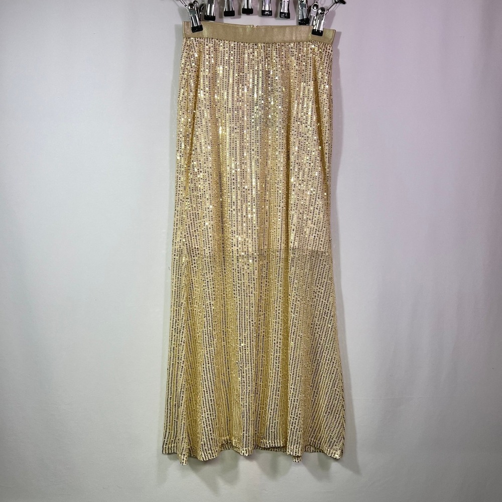 Ficerd Gold Sequin Maxi Skirt Women Small High Waist Lined Evening Glam Sparkle